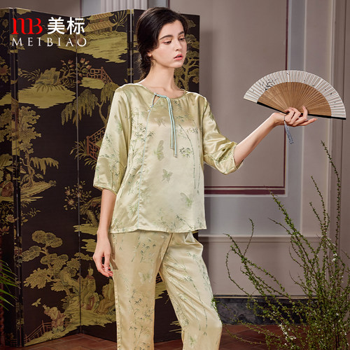 美标中国风100%桑蚕丝家居服女士