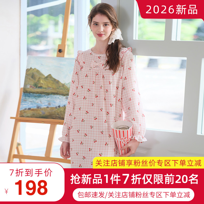 美标双层棉纱春秋甜美风长袖睡裙图片