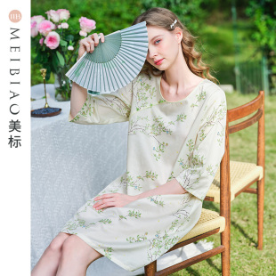 家居服 美标新款 纯棉睡裙女春夏七分袖 贡缎全棉睡衣新中式 国风时尚