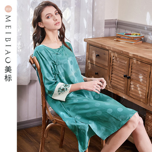 复古中国风100%桑蚕丝桑波缎睡衣女家居服 美标重磅真丝睡裙春夏季