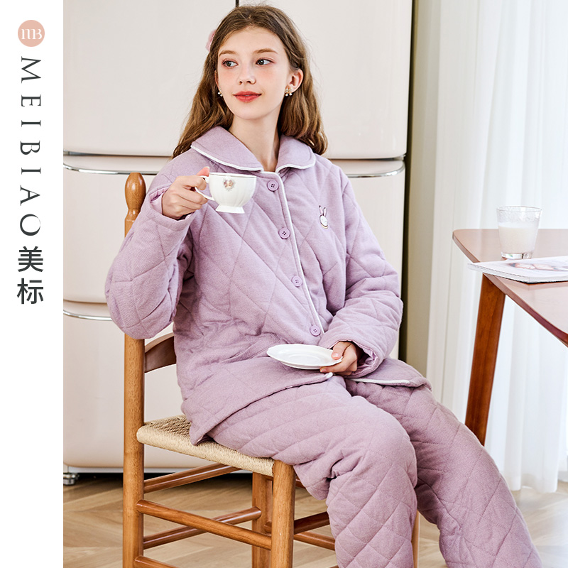 美标三层加厚夹棉睡衣套装女冬季