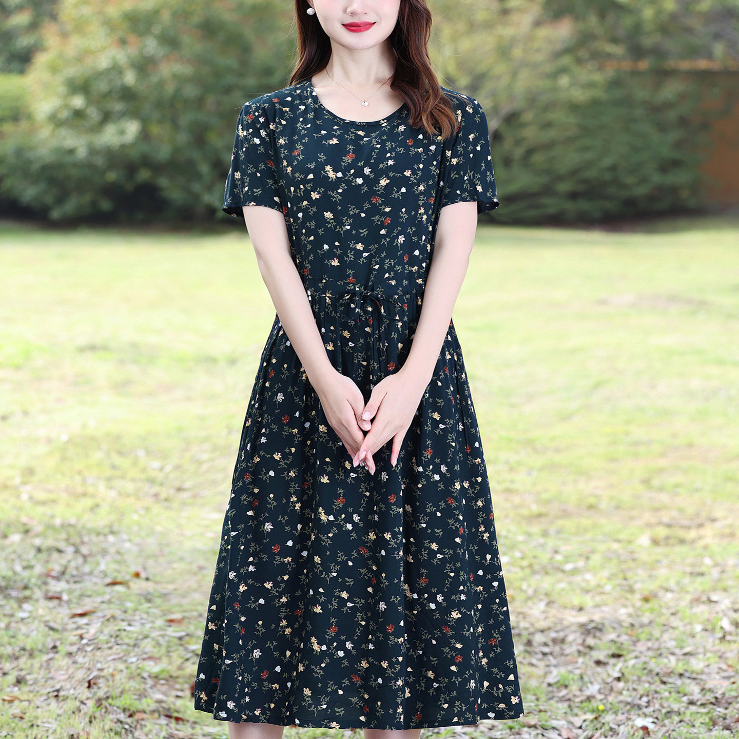 复古碎花棉绸连衣裙女夏新款中老年妈妈奶奶人造棉大码宽松中长裙