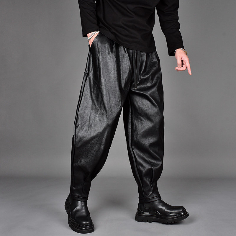 2025秋冬新款潮牌男发型师亮面PU皮裤暗黑宽松大码小脚休闲哈伦裤,男装,皮裤,淘宝优惠券,粉丝福利购,淘宝优惠卷