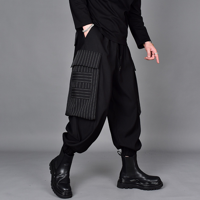 男拼接条纹机能多口袋束脚工装裤
