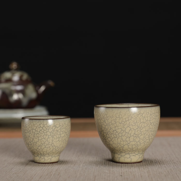 青瓷戴文辉全手工 哥窑铁胎开片 墨纹杯子母杯主人杯功夫茶具陶瓷