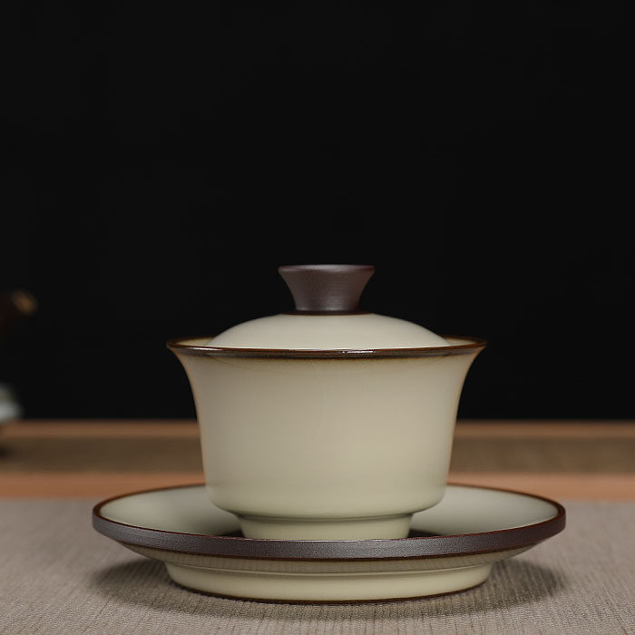 青瓷龚炳明手工哥窑铁胎蛋白釉盖碗泡茶碗开片龙泉窑陶瓷大号茶具