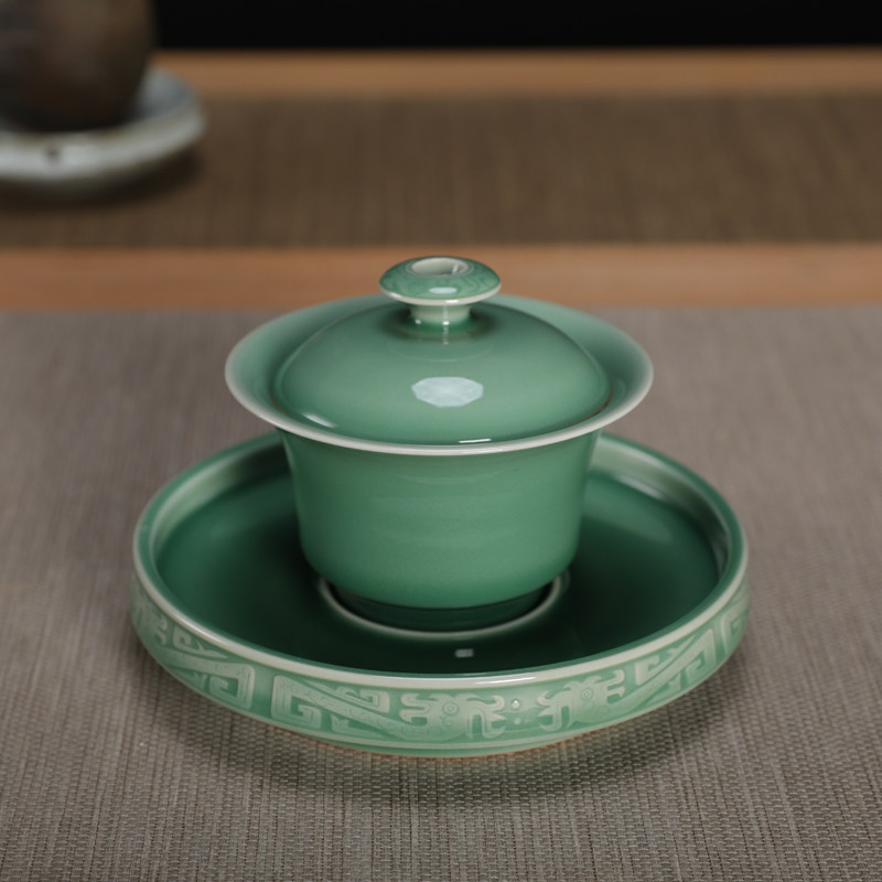 弟窑青瓷龙泉功夫茶具吴国峰手工盖碗泡茶碗茶杯梅子青釉陶瓷中式