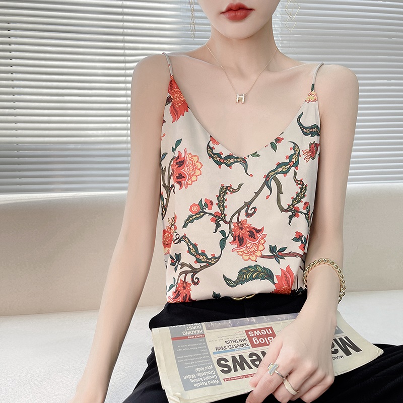 Chinese fashion womens blouse ribbon sexy print pattern suspender high sense vest summer commuting