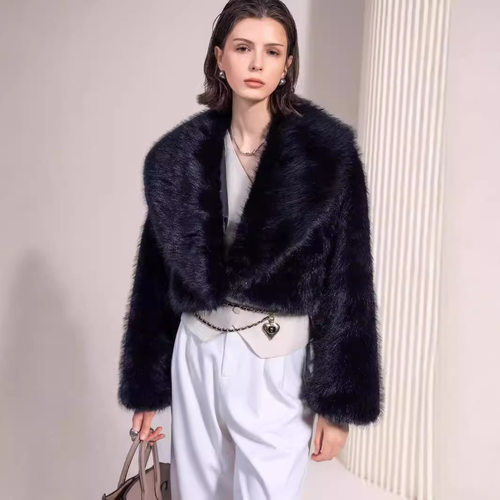 欧美皮草黑色人造环保毛外套短款时尚狐狸毛皮草外套蓬松毛绒女装