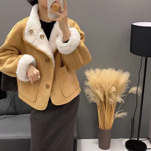 切糕仿羊羔毛高端短外套女2025新款秋冬两面穿立领独特保暖