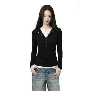 iiiamX黑色V领假两件长袖T恤女秋2025新款修身紧身内搭打底衫上衣