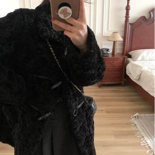 冬上新棉服番茄侠富人区同款翻领牛角扣环保羊羔毛皮毛一体外套女