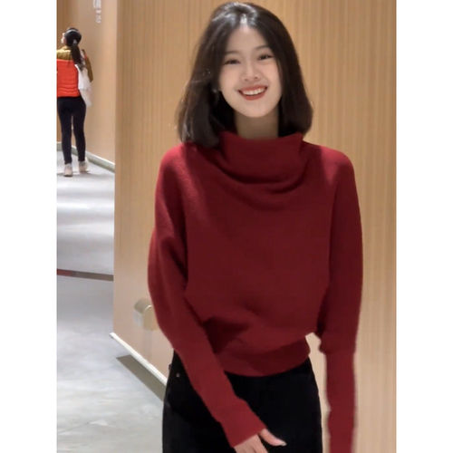 韩系慵懒半高领蝙蝠袖针织衫毛衣女2026春季新款洋气百搭宽松上衣