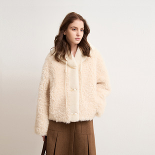 连帽牛角扣卷卷环保仿羊羔毛皮毛一体毛毛外套女短款2025秋冬新款