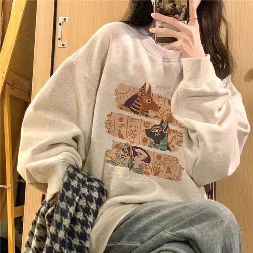 新款圆领卫衣女小个子宽松大码小众设计感美式复古灰色套头上衣潮