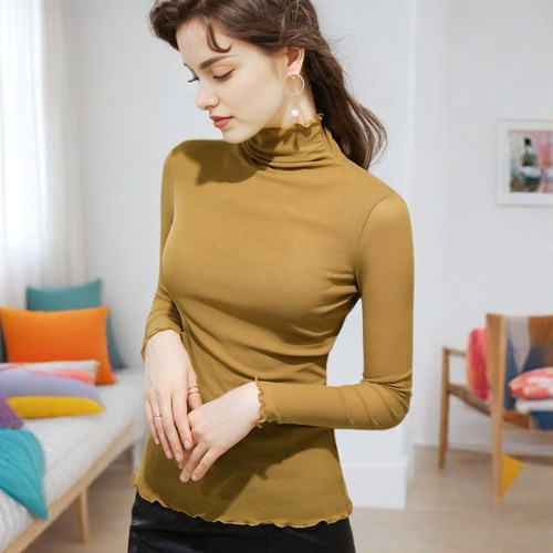 丹语高领木耳边网纱打底衫女长袖