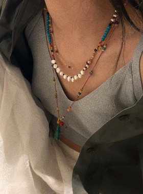 手作油画项链颜色稳定防汗项链不规则淡水珠质感