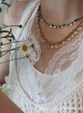 法式不掉色青金绿松人工串珠灵动小圆片项链全硬材料细腻细节感