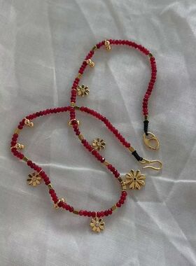 红色水晶串珠手链多吊坠雏菊花朵金球吊坠复古感