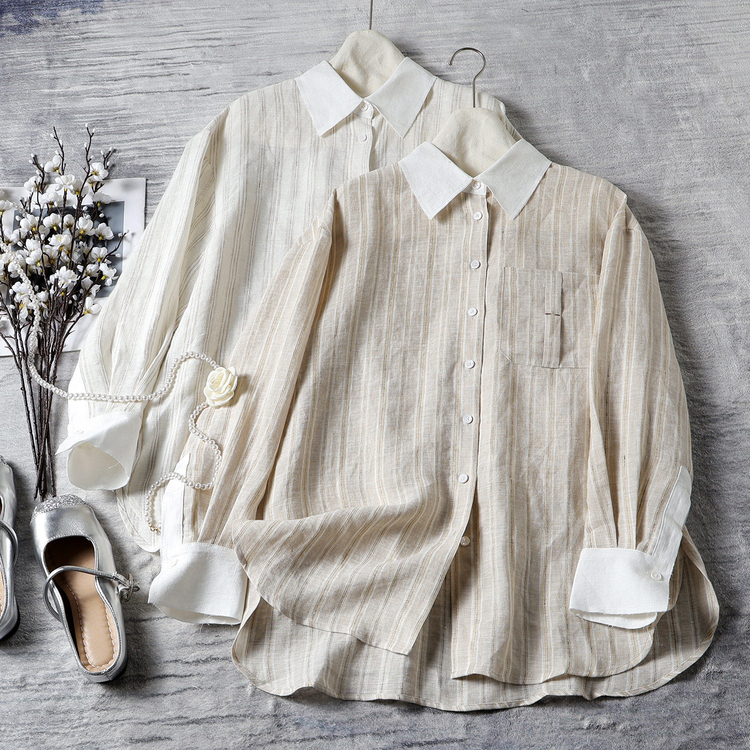 南油2026夏新款亚麻条纹衬衫女文艺撞色翻领宽松棉麻衬衣防晒开衫