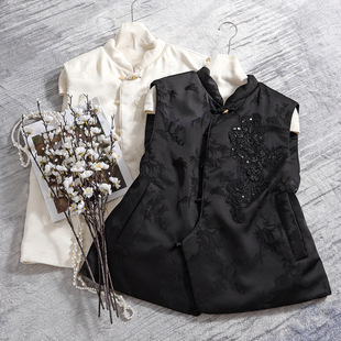 南油新中式国风羽绒马甲重工刺绣钉珠90鸭绒立领斜襟无袖背心上衣