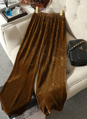 南油女装秋季新款真丝丝绒裤女高腰松紧腰宽松长裤直筒百搭拖地裤