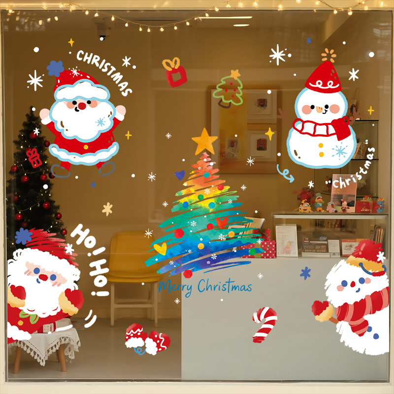 圣诞节装饰静电贴画老人树玻璃门贴纸窗花门店氛围场景布置橱窗贴