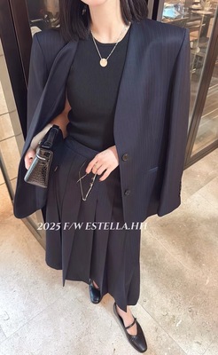 南油欧货2025秋新款100%羊毛套装女长袖西装外套+半身裙两件套