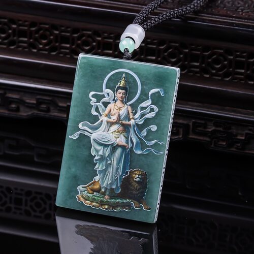 天然A货翡翠文殊菩萨牌蓝水料精工喷绘高冰种老玉石吊坠挂件玉佩