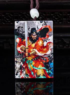 天然A货翡翠天师钟馗双面精工超清喷绘高冰种老玉石吊坠挂件关公