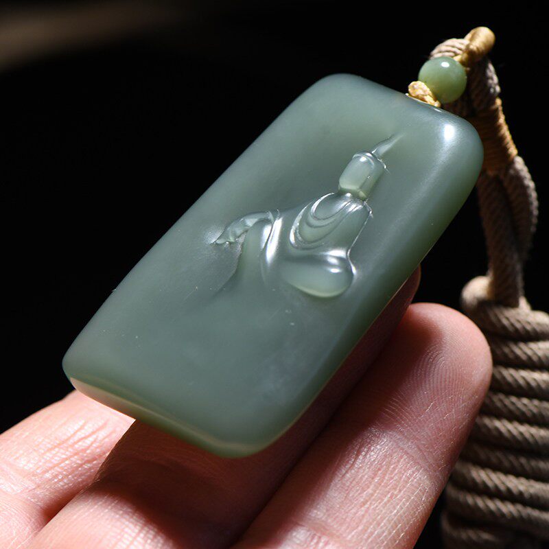 缘鼎玉器 天然和田玉吊坠碧玉鸭蛋青悟道玉佩玉石挂件带证书