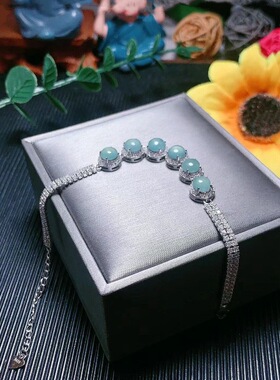 厂家直供 天然A货翡翠蓝水蛋面手链S925银镶冰种玉石女款时尚高档