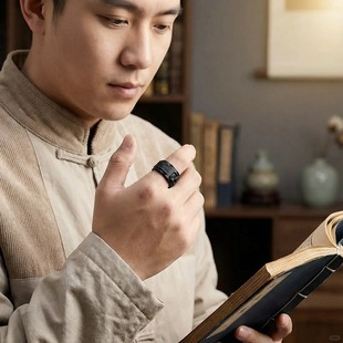 缘鼎玉器 天然和田玉戒指黑青一细兽面男士戒圈带证书指环扳指17