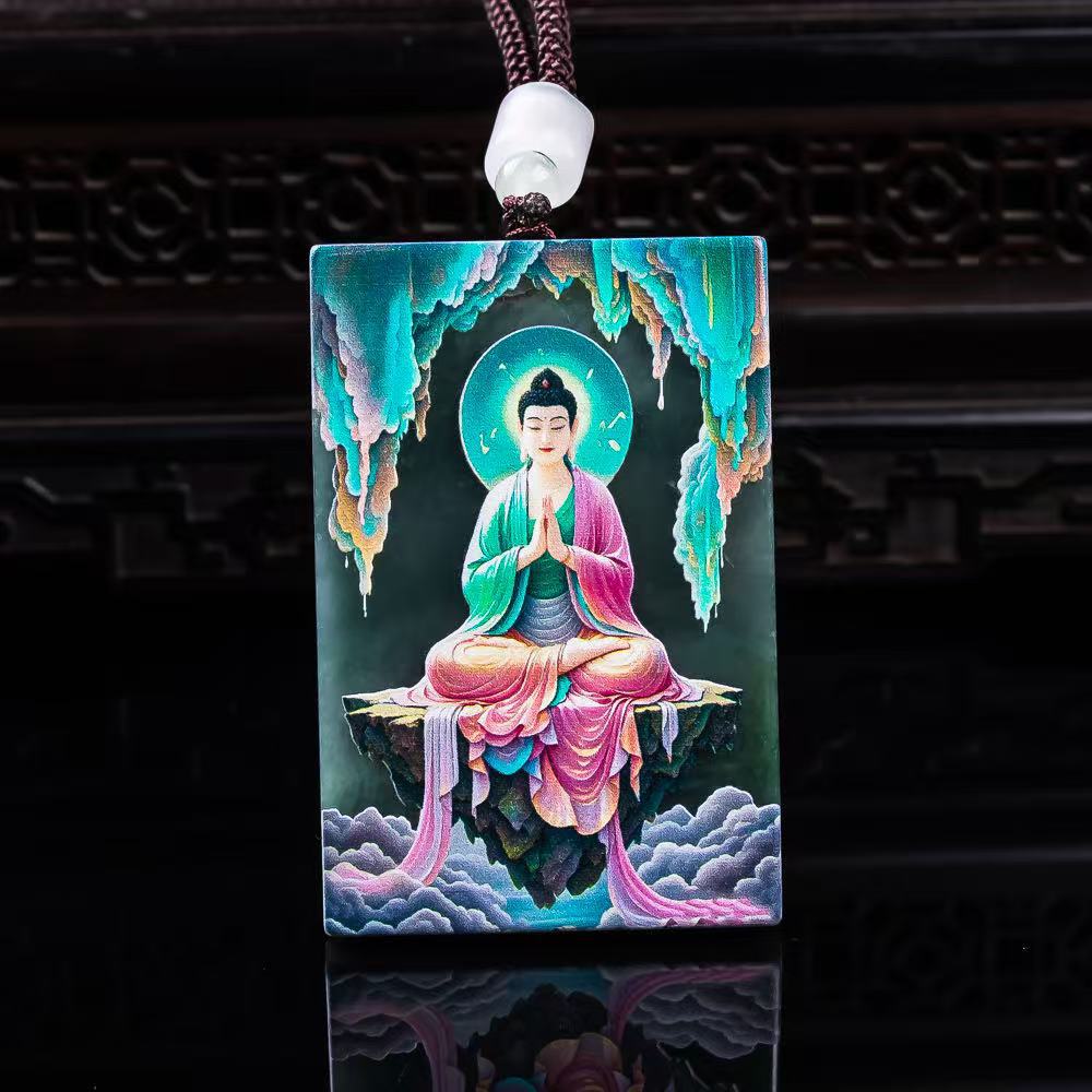正品A货翡翠观音牌精工超清喷绘高冰种老玉石吊坠挂件玉佩批发