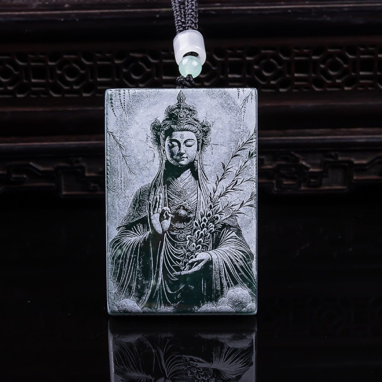 天然A货翡翠观音牌蓝水料双面精工影高冰种老玉石吊坠挂件玉佩