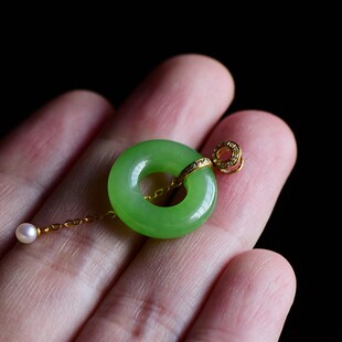 缘鼎玉器 天然和田玉吊坠碧玉苹果绿乌兰海平安扣18K金镶玉女挂件