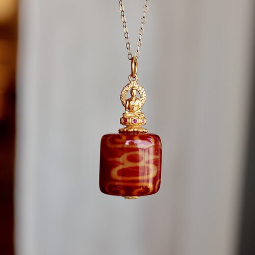 天然西藏红肉财神天珠吊