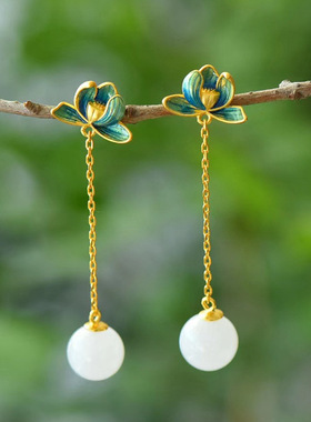 带证书10mm和田玉珠子耳环配旗袍汉服冷珐琅莲花个性天然玉石耳饰