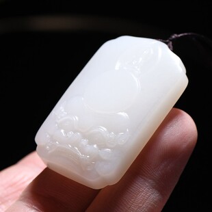 缘鼎玉器 天然和田玉吊坠白玉兽面玉牌玉佩玉石挂件带证书