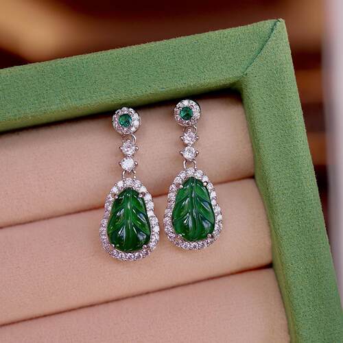 天然翡翠树叶耳坠A货阳绿