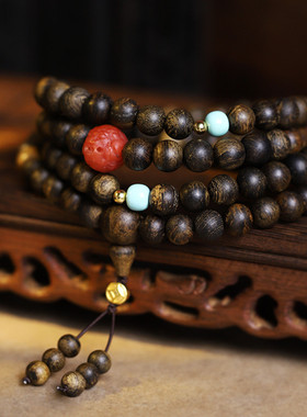 达拉干沉香8mm多圈108佛珠DIY男女款搭配南红松石手串饰品简约