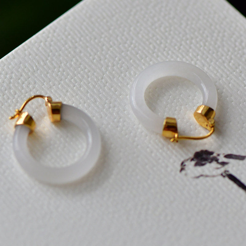 缘鼎玉器 天然和田玉耳环白玉18K金镶玉女款玉石耳环耳钉