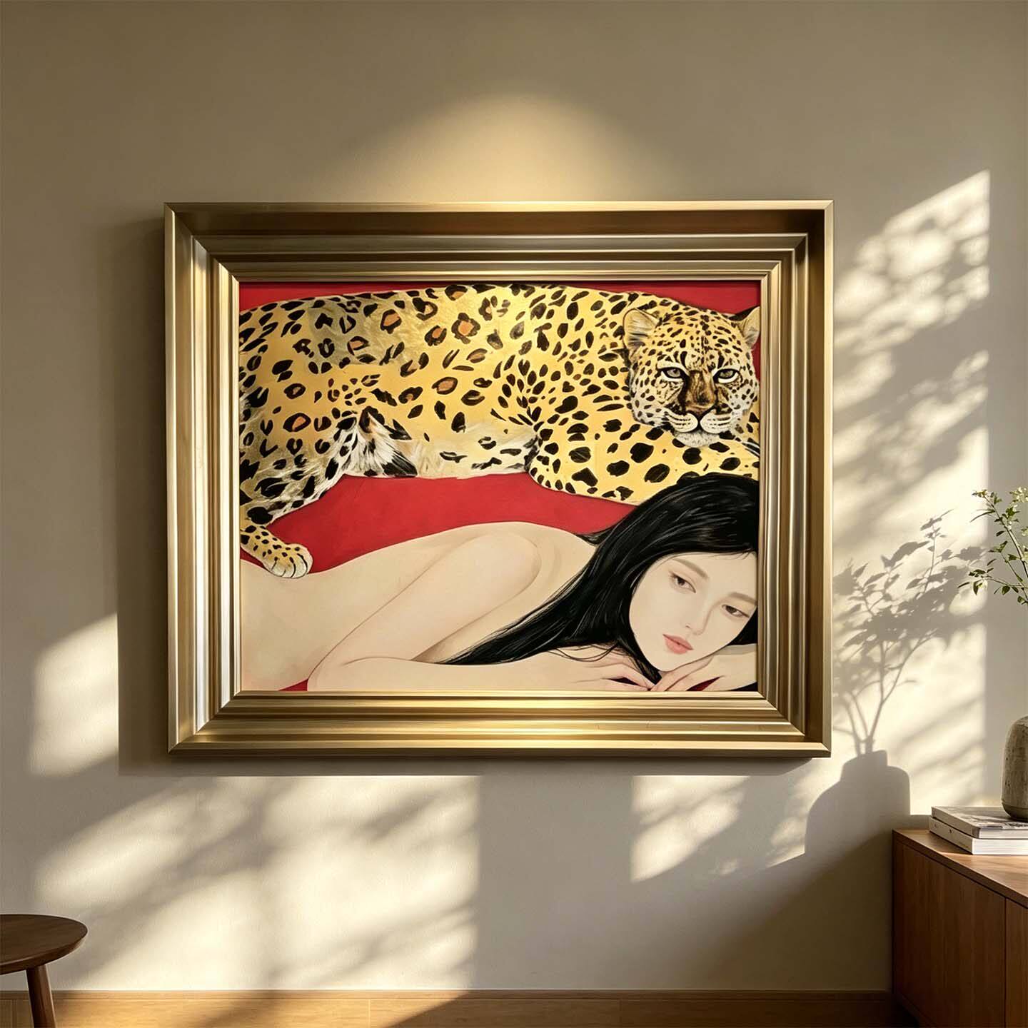 轻奢风美女与猎豹人物装饰画客厅玄关挂画艺术感沙发背景墙壁画