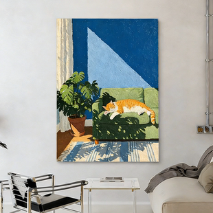 饰画猫咪马蒂斯色彩玄关挂画 北欧包豪斯客厅油画感装 福宅闲趣