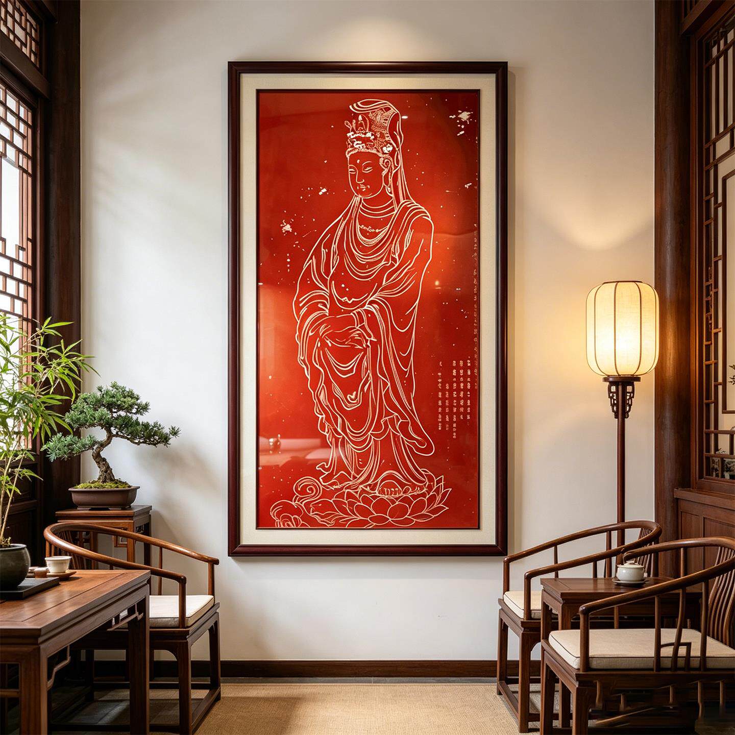 新中式红底白描观音心经装饰画禅意茶室玄关书房竖版祈福挂画壁画