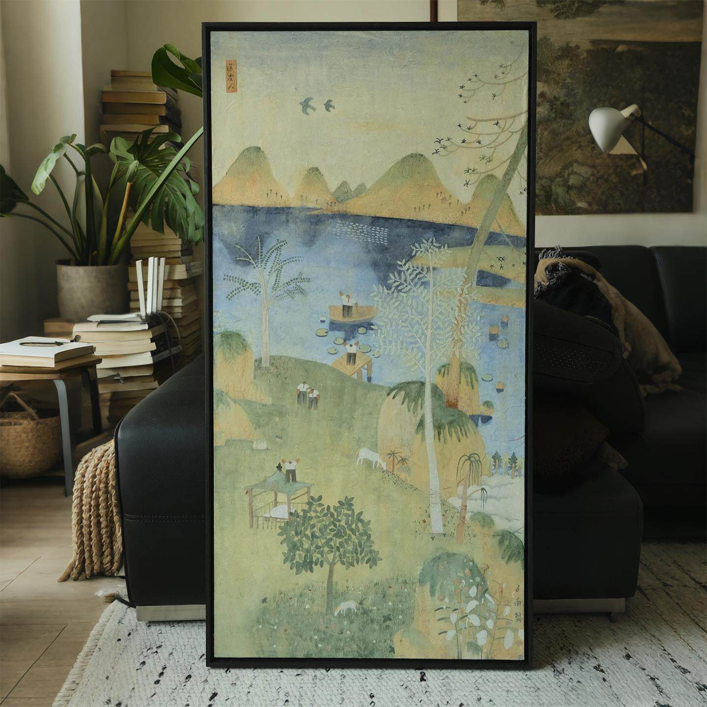 新中式山水风景装饰画复古艺术感客厅玄关竖版挂画书房茶室墙壁画
