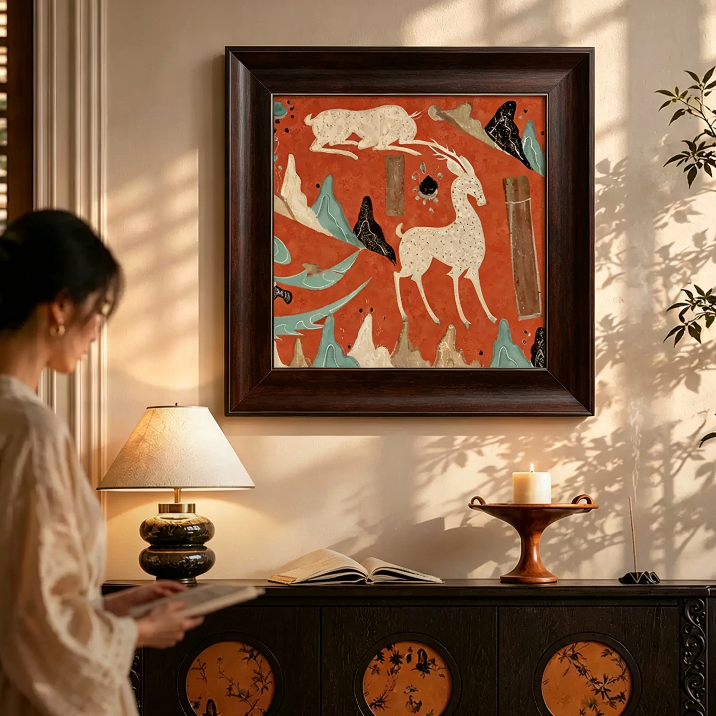 唐纹神鹿》中古风客厅玄关装饰画新中式传统风藏式唐卡好寓意挂画