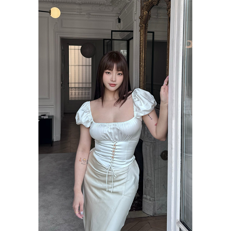 DecGals泡泡袖白色女T恤上衣