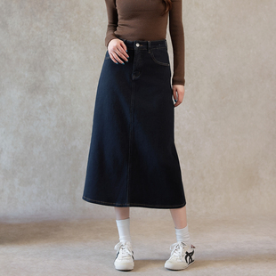 极简风牛仔半身裙女后开叉高腰显瘦小个子开叉中长款深蓝色半裙