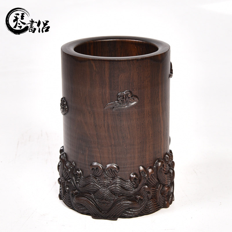 琴书侣黑檀木雕笔筒工艺品摆件实木质明式毛笔海浪笔筒办公桌摆件